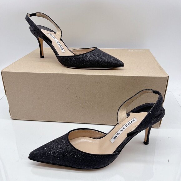 Manolo Blahnik Carolyne Low Heel Women’s Slingback Pumps Black Glitter EU 36.5 - Picture 1 of 12